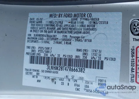 2007 Lincoln Mkz z USA, uszkodzony, nr VIN 3LNHM28T47R666382